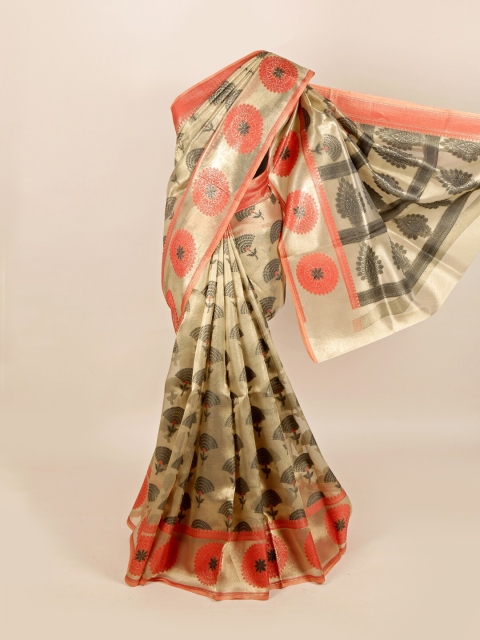

Pothys Tan & Coral Woven Design Art Silk Banarasi Saree