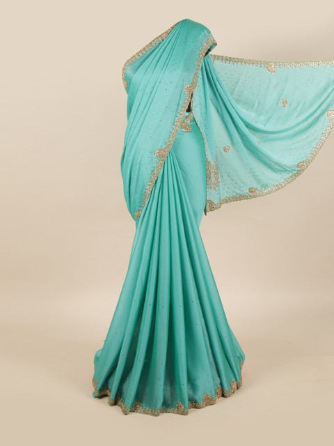 

Pothys Blue & Golden Embellished Pure Georgette Saree