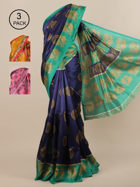 

Pothys-Pack of 3 Assorted Jute Silk Printed Sarees, Navy blue