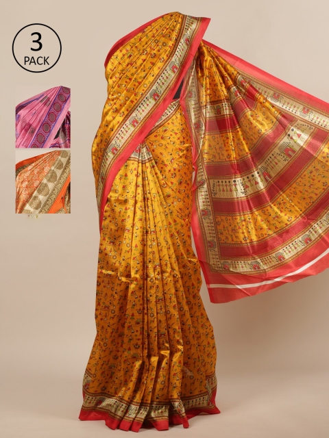 

Pothys-Pack of 3 Assorted Jute Silk Printed Sarees, Mustard