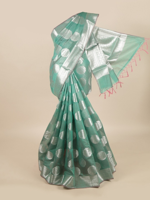 

Pothys Women Green & Silver Ethnic Motifs Linen Blend Saree