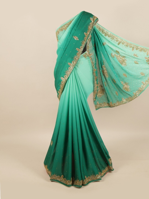 

Pothys Sea Green & Gold-Toned Floral Beads and Stones Pure Georgette Saree