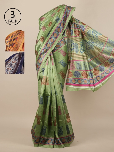 

Pothys-Pack of 3 Assorted Jute Silk Printed Sarees, Green