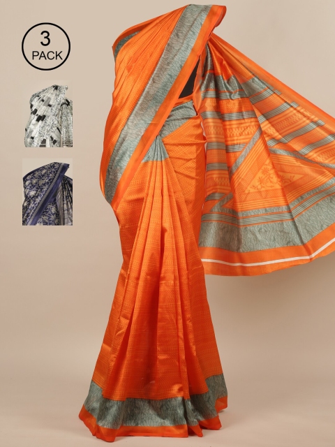 

Pothys-Pack of 3 Assorted Jute Silk Printed Sarees, Orange