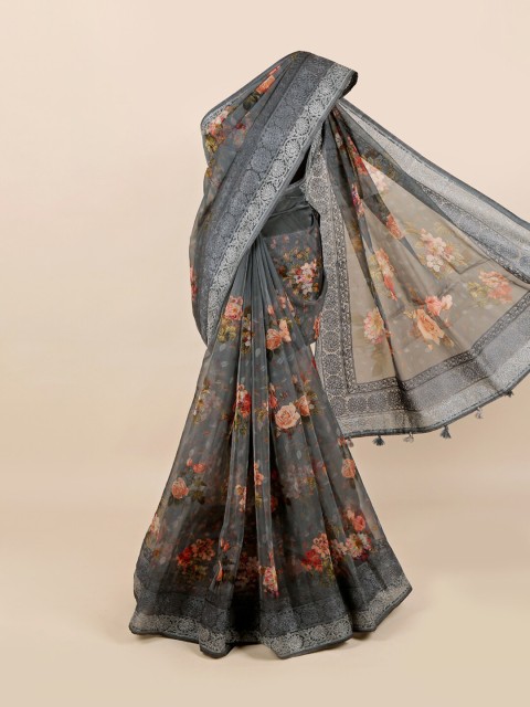 

Pothys Grey & Beige Floral Organza Saree