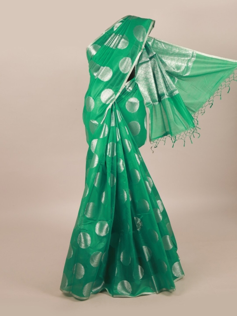 

Pothys Green & Silver-Toned Ethnic Motifs Zari Linen Blend Saree