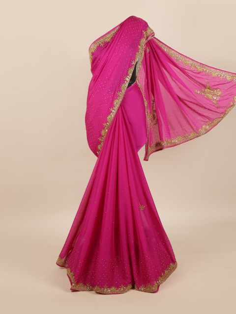 

Pothys Magenta & Gold-Toned Embellished Pure Georgette Saree