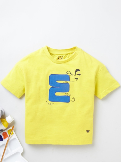 

Ed-a-Mamma Unisex Kids Yellow Blue Printed Applique Pure Cotton T-shirt