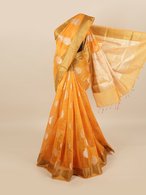 Pothys Mustard & Gold-Toned Ethnic Motifs Zari Linen Blend Saree