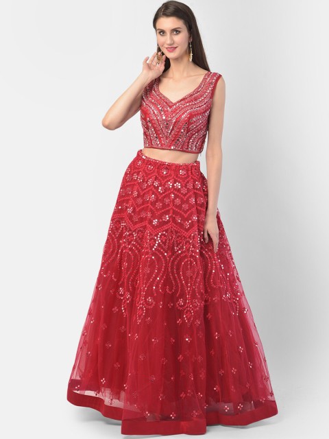 

Neerus Red & White Embellished Mirror Work Ready to Wear Lehenga & Blouse With Dupatta