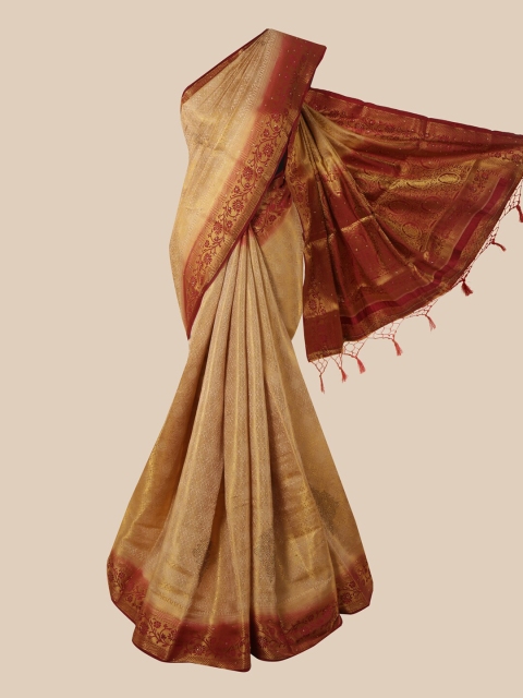 

Pothys Cream & Maroon Floral Zari Art Silk Banarasi Saree