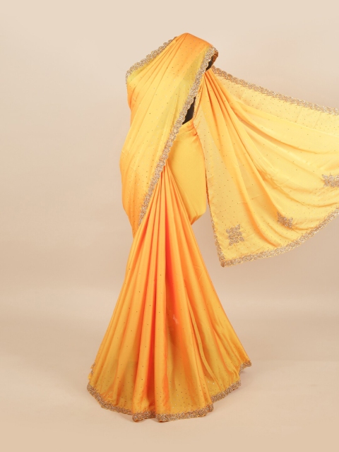 

Pothys Yellow & Gold-Toned Embellished Beads and Stones Pure Georgette Saree