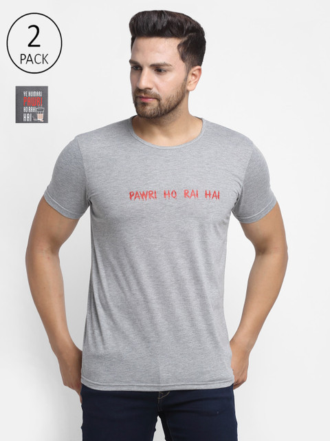 

VIMAL JONNEY Men Cotton Blend Grey & Steel Pack of 2 Typography Printed T-shirt