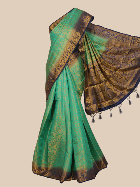 

Pothys Green & Gold-Toned Woven Design Art Silk Banarasi Saree