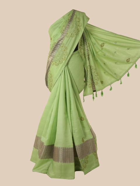 

Pothys Green & Grey Ethnic Motifs Embroidered Art Silk Heavy Work Saree