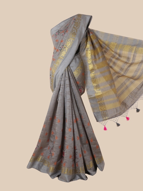 

Pothys Grey & Gold-Toned Ethnic Motifs Beads and Stones Art Silk Saree