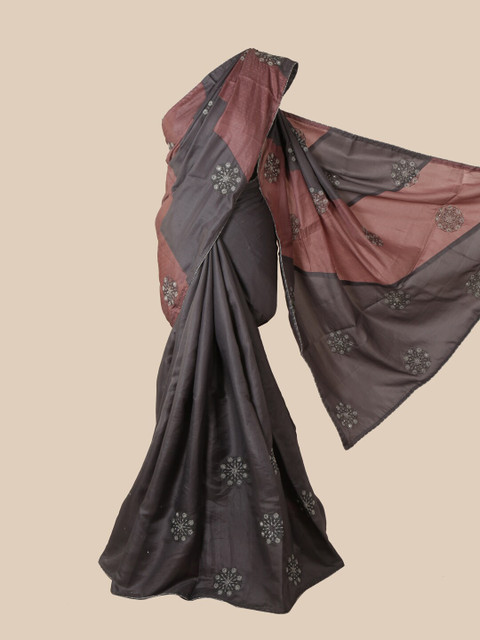 

Pothys Grey & Taupe Floral Sequinned Art Silk Saree