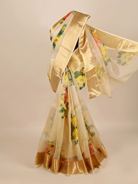 

Pothys Cream & Yellow Floral Zari Organza Saree
