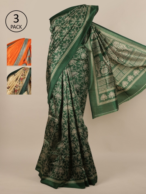

Pothys-Pack of 3 Assorted Jute Print Sarees, Green