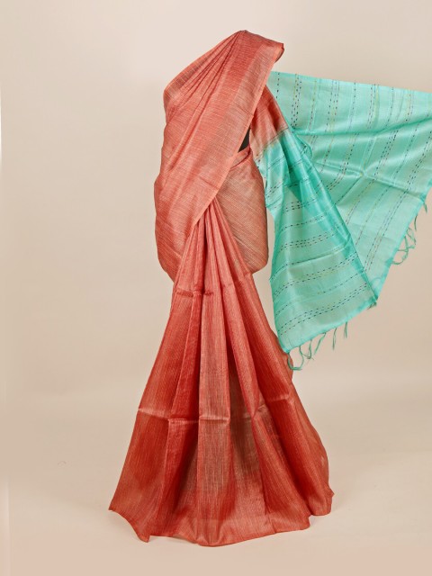 

Pothys Pink & Sea Green Pure Silk Tussar Saree