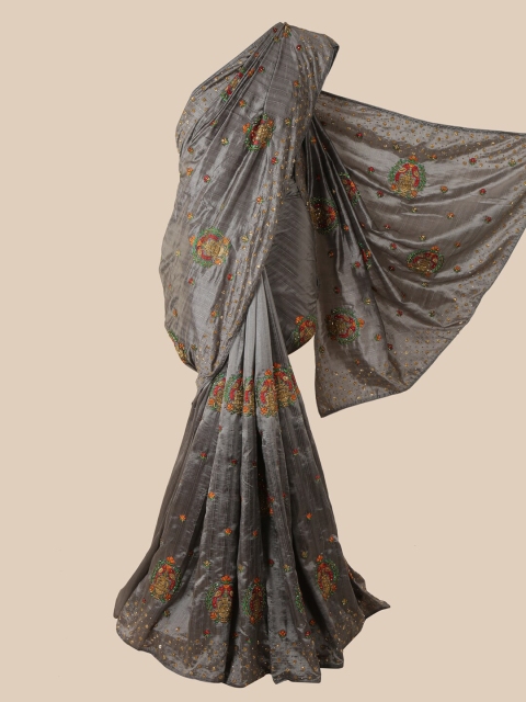 

Pothys Grey Ethnic Motifs Beads and Stones Art Silk Heavy Work Saree
