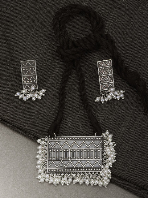 

Adwitiya Collection Women Silver-Plated with White Pearls Oxidised Jewellery Set