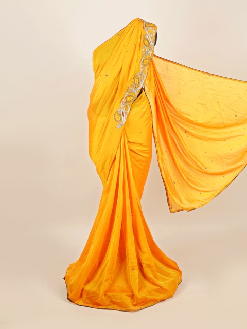 

Pothys Yellow & Silver-Toned Floral Beads and Stones Organza Saree