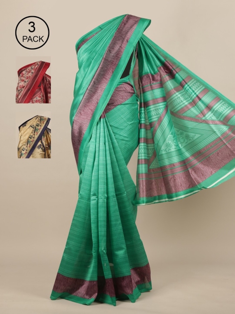 

Pothys-Pack of 3 Jute Silk Printed Sarees, Green
