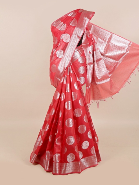 

Pothys Pink & Silver-Toned Woven Design Linen Blend Saree