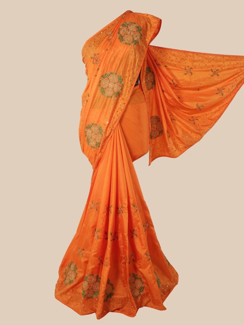 

Pothys Orange & Green Ethnic Motifs Beads and Stones Art Silk Heavy Work Saree