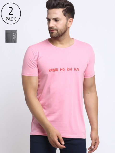 

VIMAL JONNEY Men Pack of 2 Pink & Grey Typography Printed T-shirt