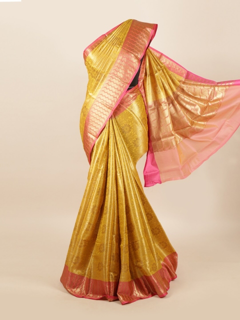 

Pothys Mustard & Pink Zari Work Woven Design Art Silk Banarasi Saree