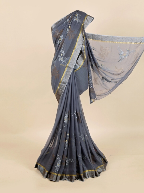 

Pothys Grey & Gold-Toned Floral Beads and Stones Pure Chiffon Saree