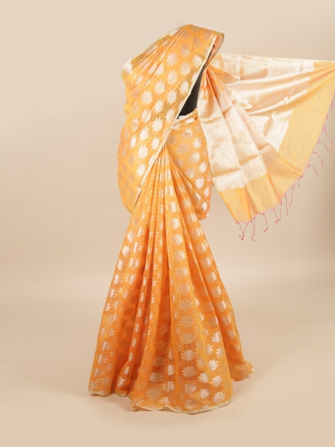 

Pothys Orange & Silver-Toned Floral Zari Linen Blend Saree
