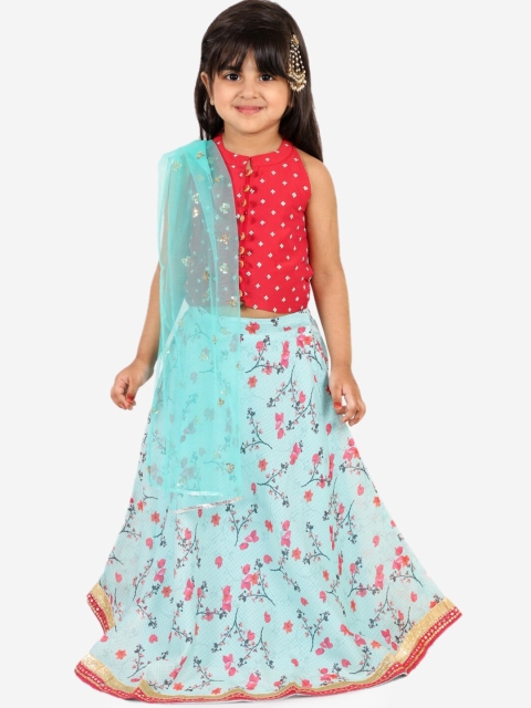 

Lil Peacock Girls Red & Turquoise Blue Printed Ready to Wear Lehenga & Blouse With Dupatta