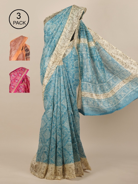

Pothys-Pack of 3 Assorted Jute Print Sarees, Blue