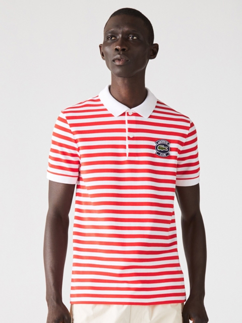 

Lacoste Men White & Red Striped Polo Collar Applique Cotton T-shirt