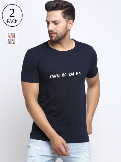 

VIMAL JONNEY Men Cotton Blend Navy Blue Pack Of 2 Typography Printed T-shirt