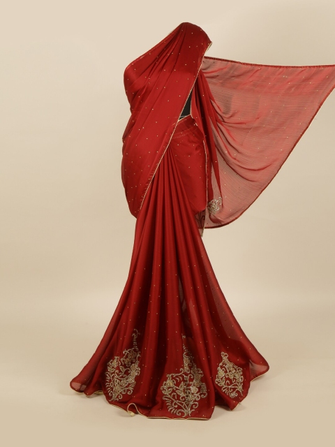 

Pothys Maroon Ethnic Motifs Zardozi Pure Georgette Heavy Work Saree