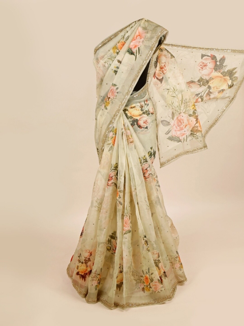 

Pothys Grey & Pink Floral Organza Saree