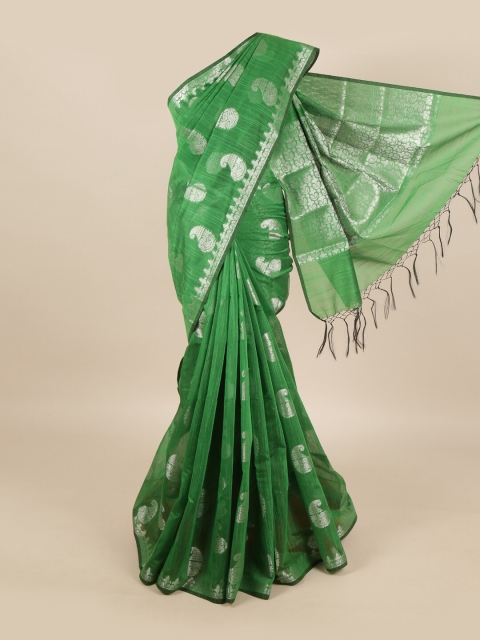 

Pothys Green & Silver-Toned Paisley Zari Linen Blend Saree