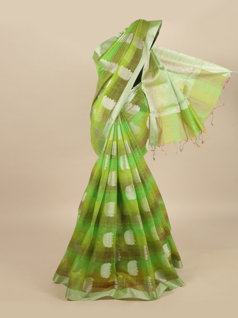

Pothys Green & Silver-Toned Ethnic Motifs Zari Linen Blend Saree