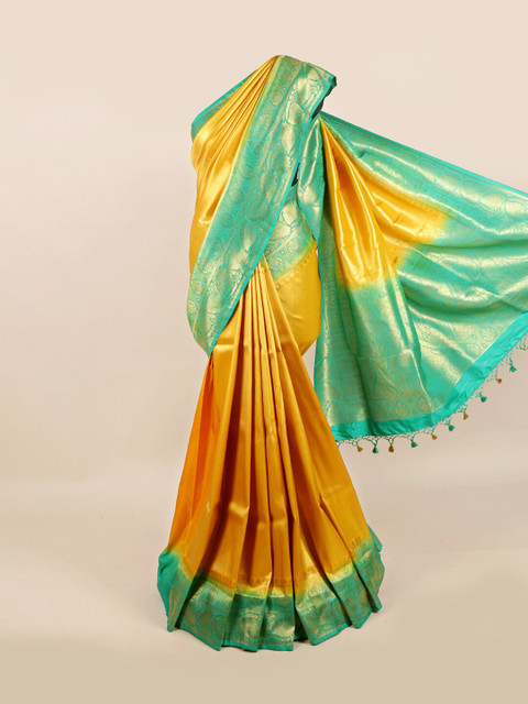 

Pothys Mustard & Sea Green Woven Design Art Silk Banarasi Saree