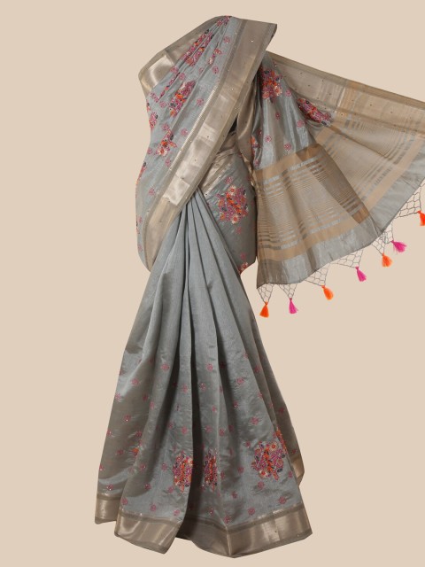 

Pothys Grey & Gold-Toned Floral Zari Art Silk Saree
