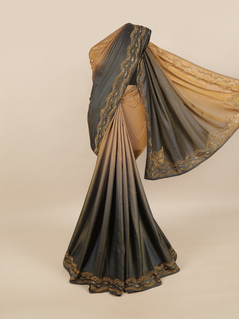 

Pothys Grey & Gold-Toned Embellished Beads and Stones Pure Georgette Saree