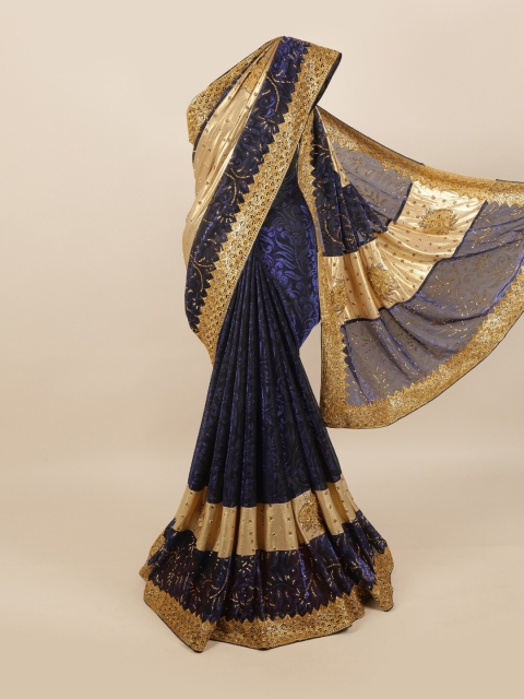 

Pothys Navy Blue & Gold-Toned Embellished Zari Pure Georgette Saree
