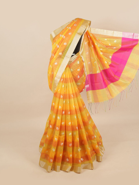

Pothys Yellow & Gold-Toned Ethnic Motifs Zari Linen Blend Saree