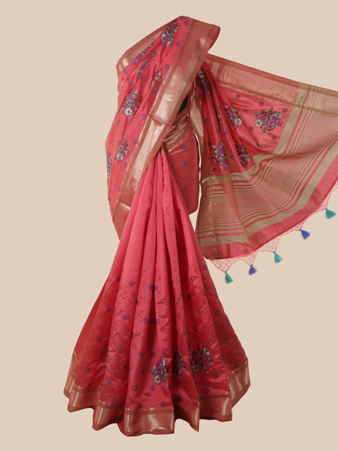 

Pothys Pink Floral Beads and Stones Art Silk Saree With Tasseled Pallu