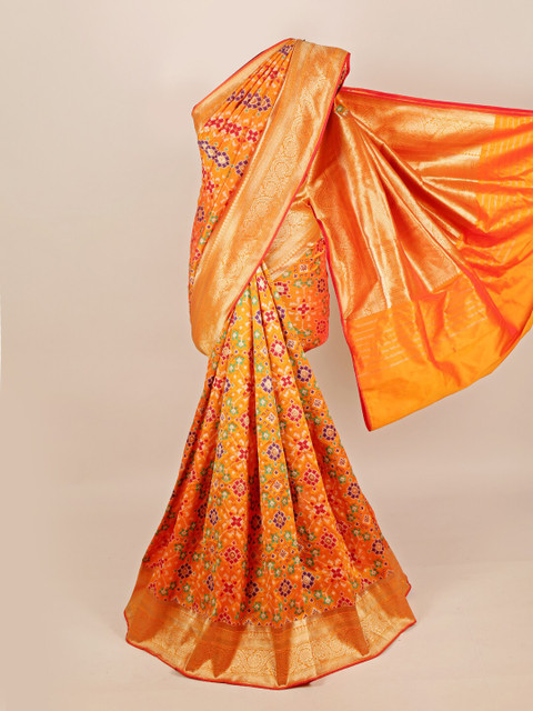 

Pothys Orange & Green Ethnic Motifs Art Silk Banarasi Saree