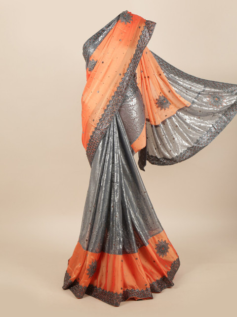 

Pothys Peach & Grey Embellished Embroidered Pure Georgette Saree